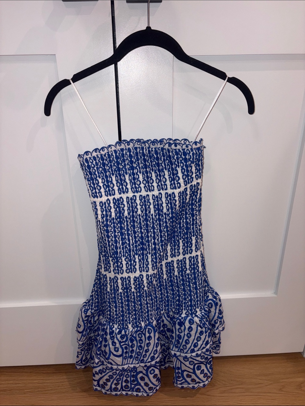 AQUA Blue & White Embroidered Strapless Mini Dress